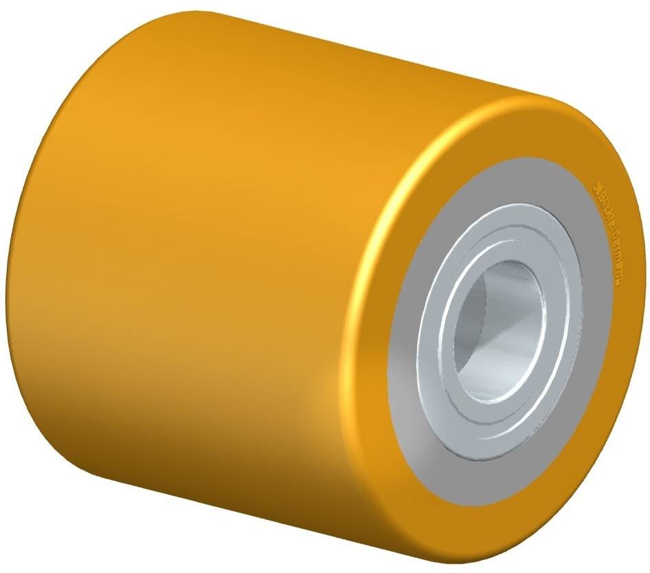 Gelbes Rad mit silbernem Innenring, möglicherweise Teil eines Transport- oder Fördergeräts.