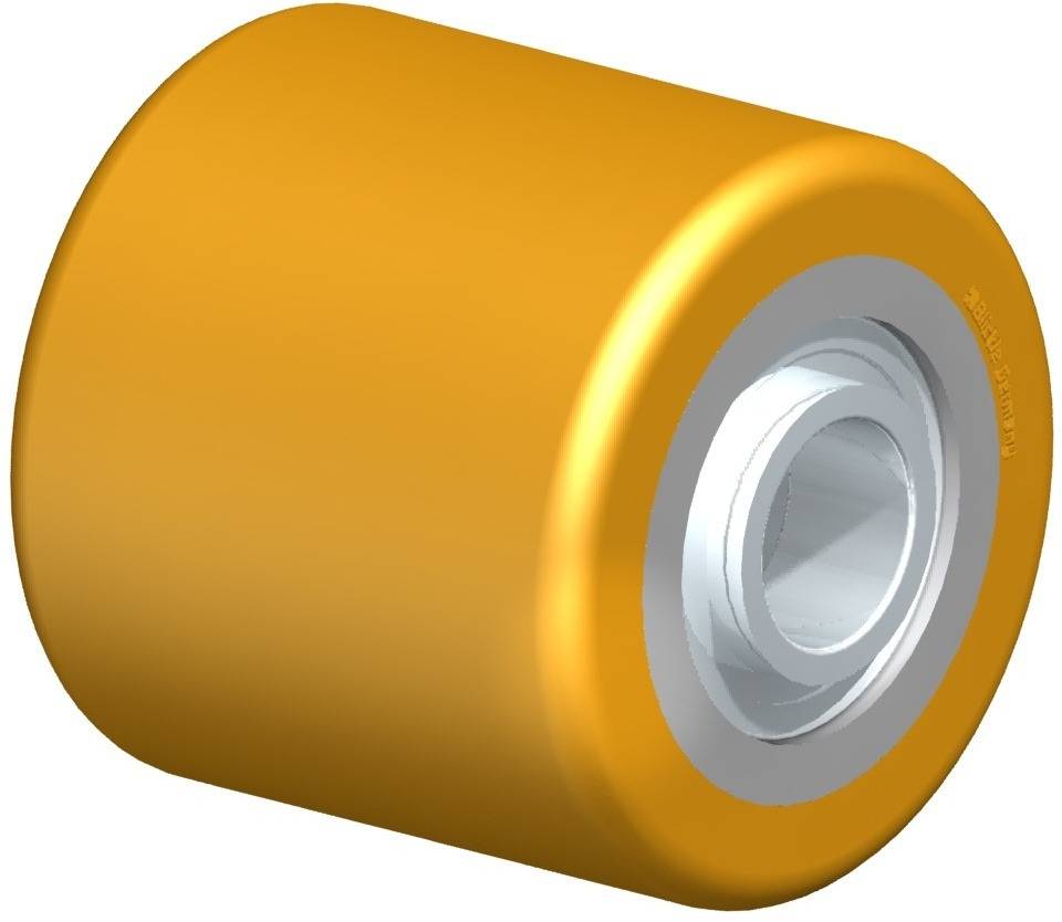 Gelbes Skateboard-Rad mit silbernem Kugellager, dargestellt vor einem neutralen Hintergrund.