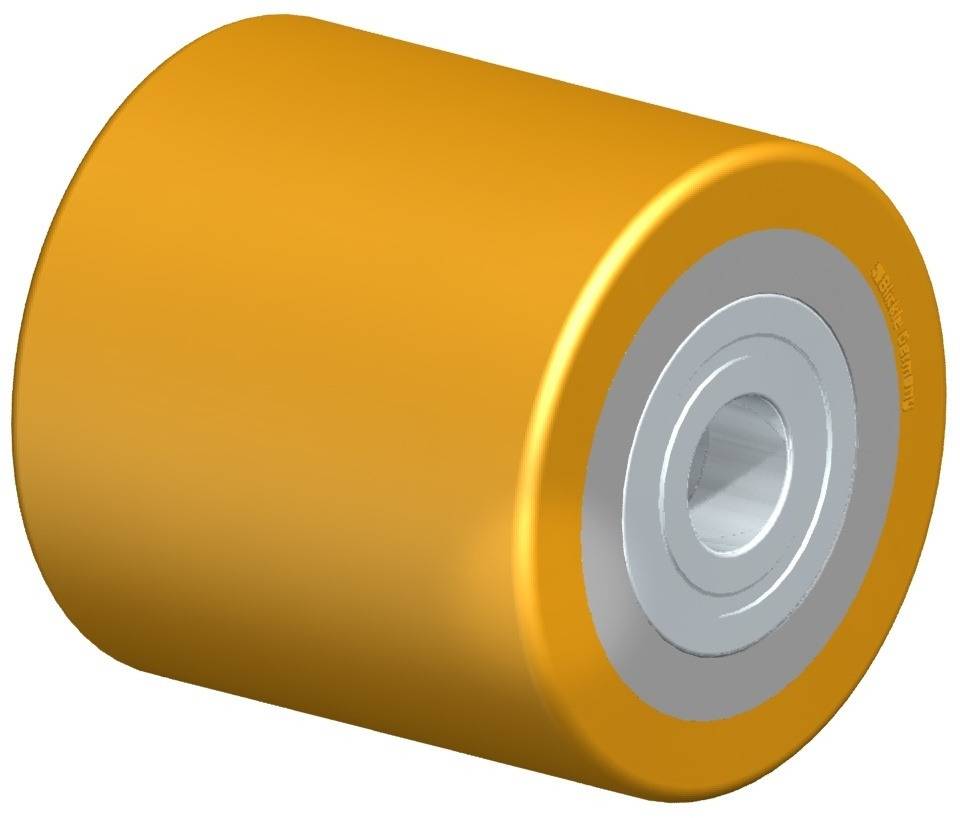 Gelbes Zylinder-Rad mit silberner Mitte, möglicherweise für Rollen verwendet.