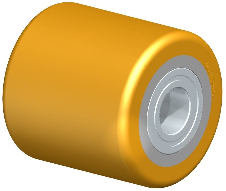 Eine gelbe Rolle mit silbernem Innenring und zentraler Öffnung, wie sie typischerweise für Transportbänder oder Rollenlager verwendet wird.