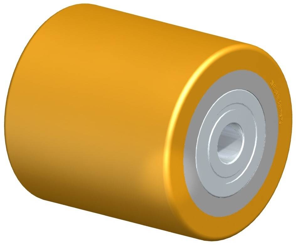 Ein gelbes zylindrisches Rad mit silbernem Innenkern und Loch, vermutlich ein Teil eines technischen Geräts oder einer Maschine.