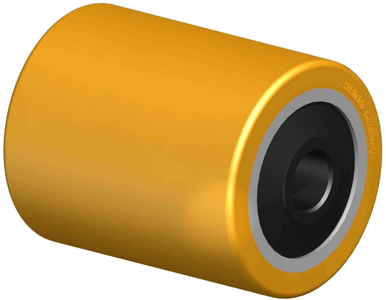 Gelbes, zylindrisches Rad mit schwarzem Zentrum; vermutlich Industrie- oder Maschinenbauteil, isoliert auf weißem Hintergrund.