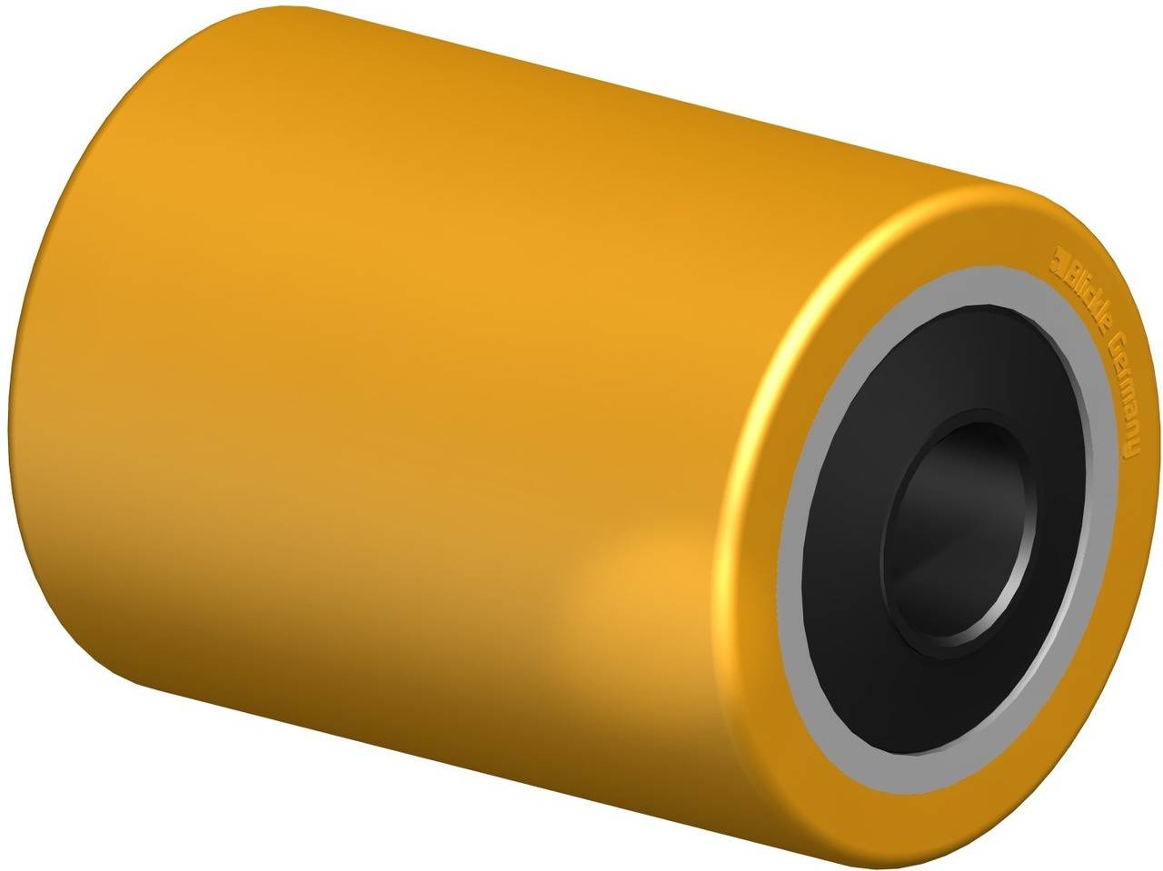 Ein gelber Zylinder mit schwarzem Innenring, möglicherweise Teil eines industriellen Transportbands oder Rollensystems.