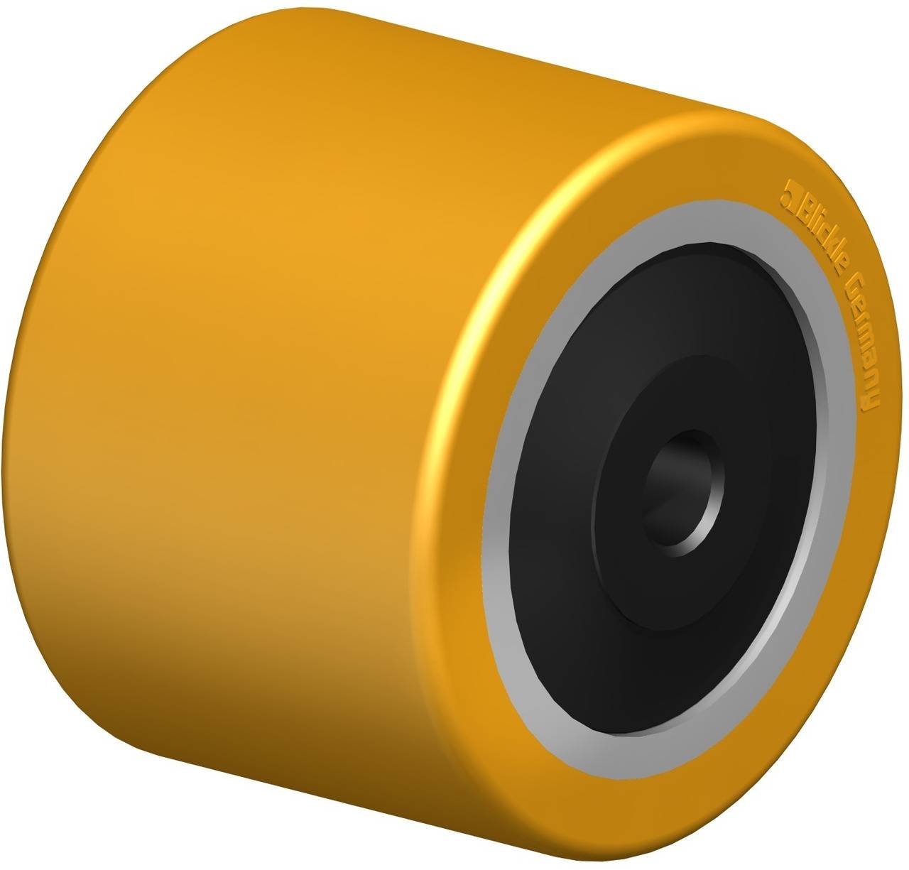 Ein gelbes Rad mit schwarzem Innenkern und silbernem Rand. Modellname 'BEKA'.