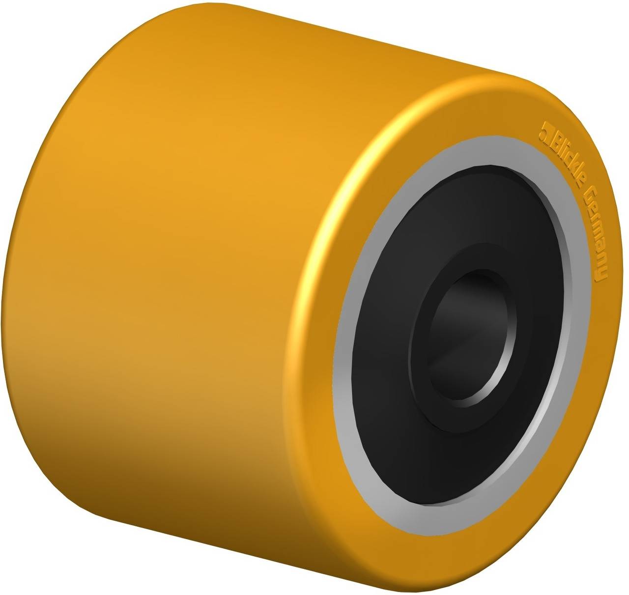 Ein gelbes Rad mit schwarzem Mittelteil und silbernem Rand, geeignet als Rolle für Transportgeräte oder Maschinen.