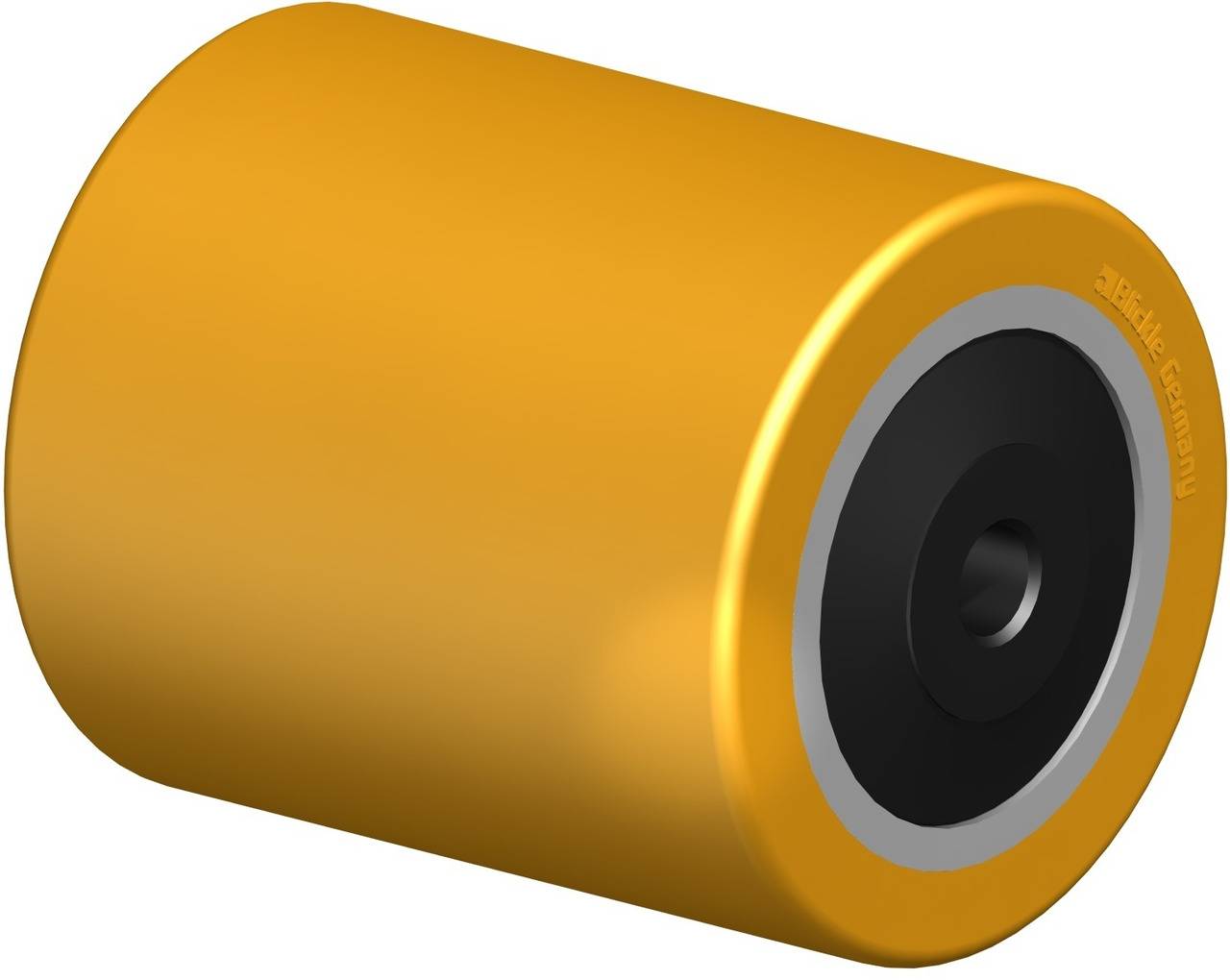 Gelbes zylindrisches Rad mit schwarzer Innenfläche und zentralem Loch zur Montage. Geeignet für Rollen oder Fördertechnik.