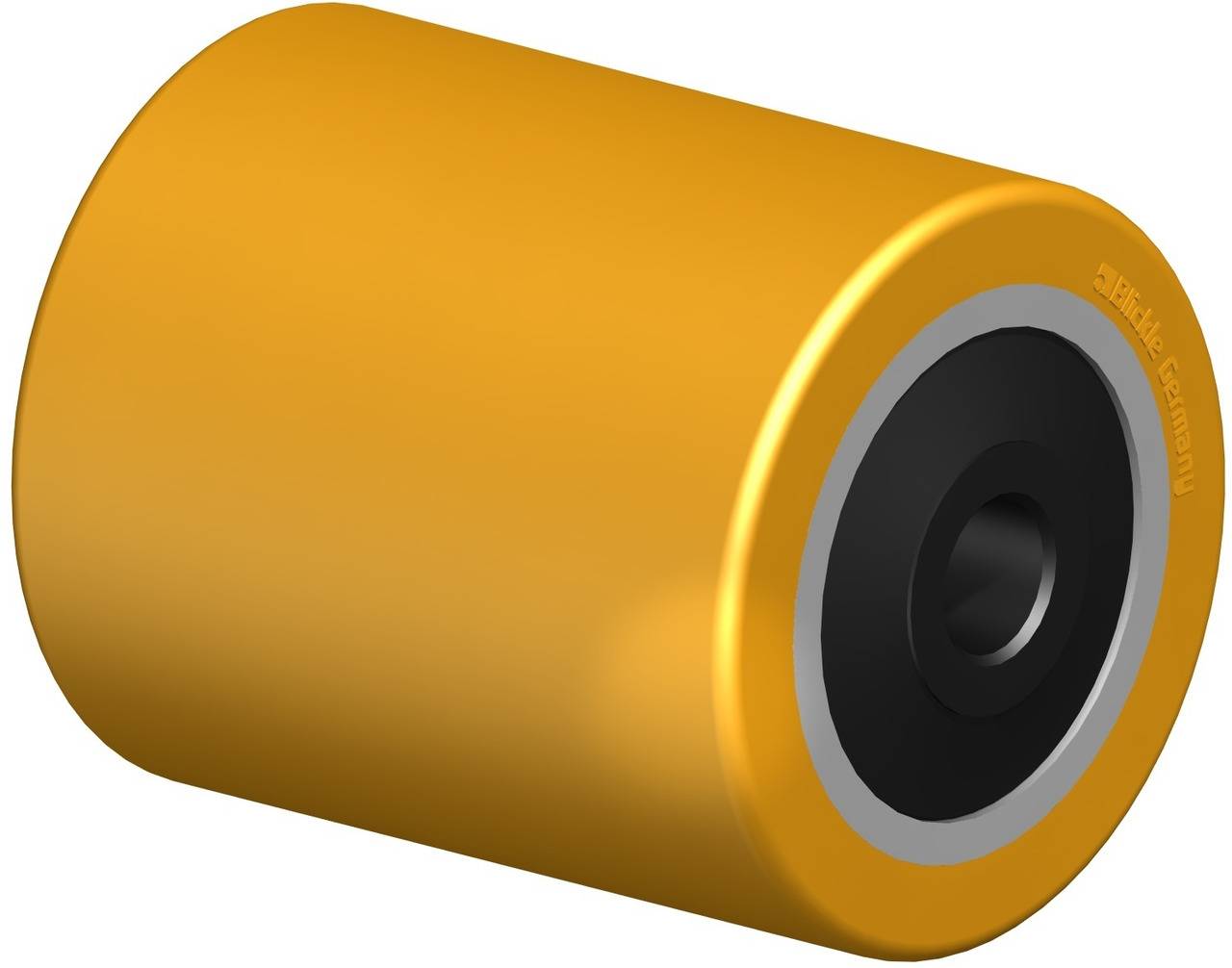 Ein gelbes Rad aus Gummi mit schwarzem Kern, oft verwendet für industrielle Anwendungen oder Transportgeräte.