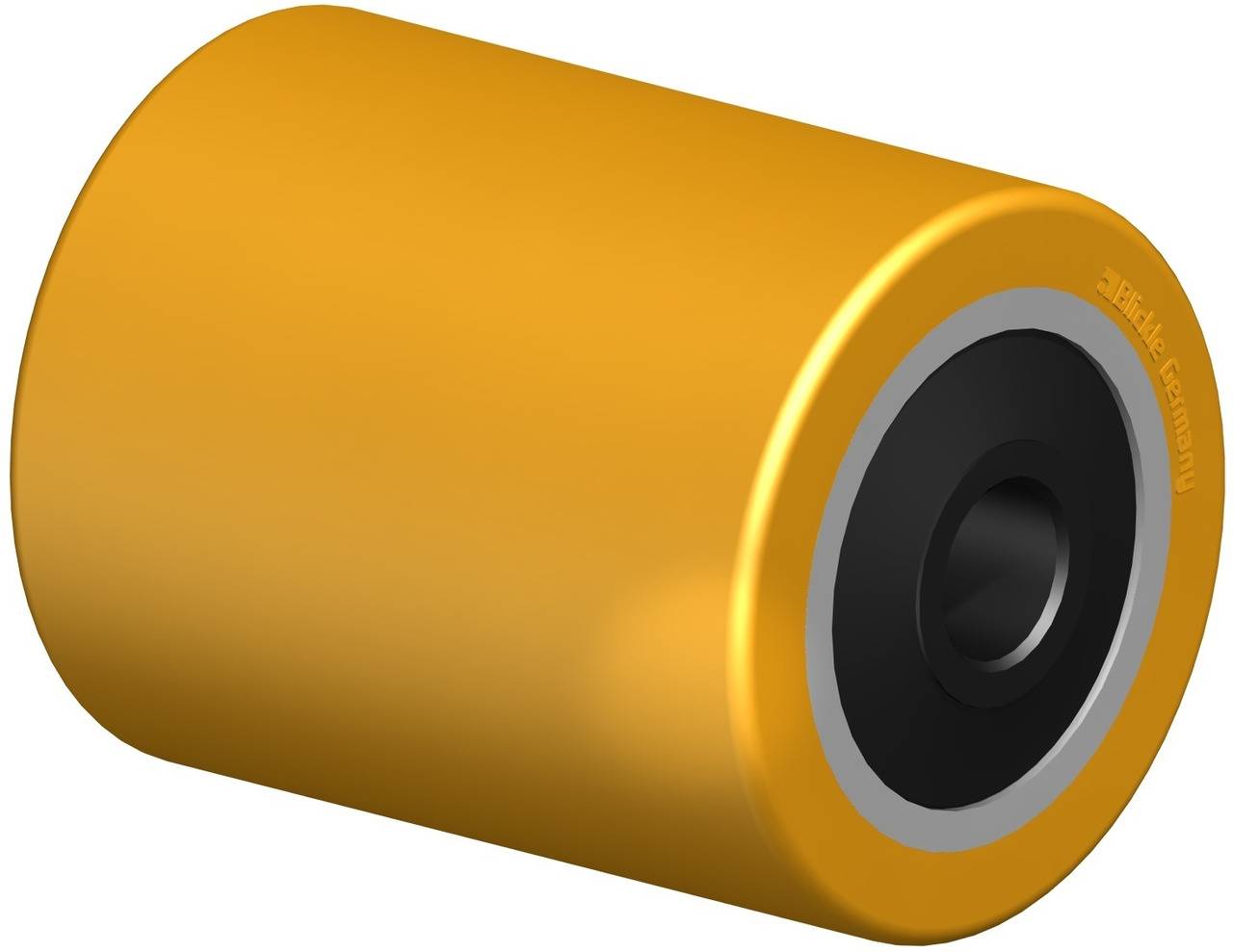 Gelbes zylindrisches Rad mit schwarzem Innenring und metallischer Nabe, geeignet für Industrieanwendungen oder Transportgeräte.