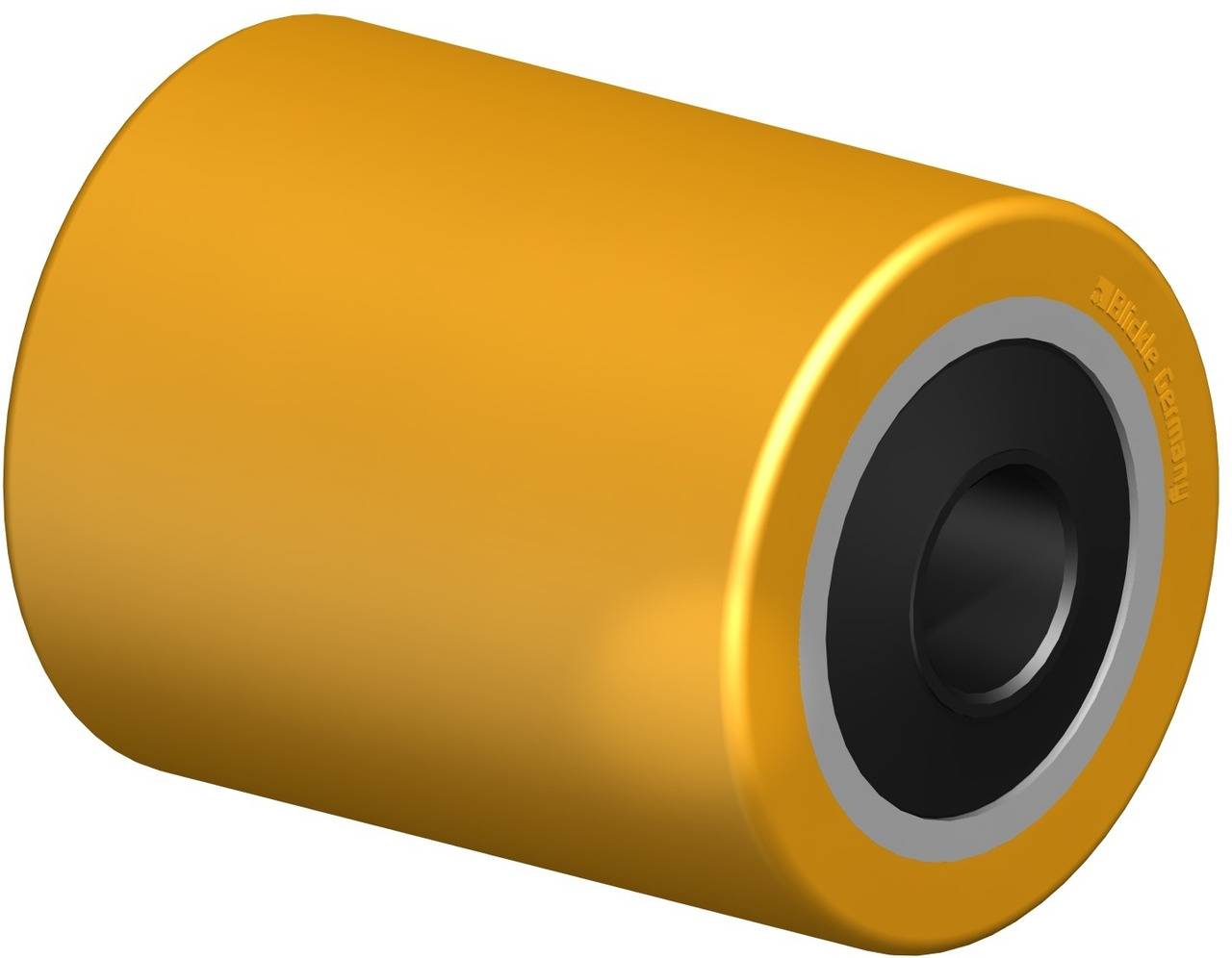 Ein zylindrisches, gelb-goldenes Rad mit integriertem Kugellager, das für industrielle Anwendungen, wie z.B. Förderanlagen, verwendet wird.