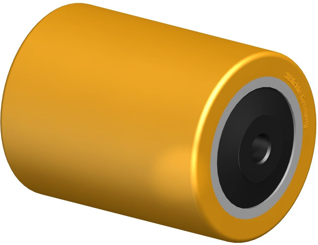 Ein orangefarbenes Rad oder Rolle mit schwarzer Achse und einem silbernen Innenring.