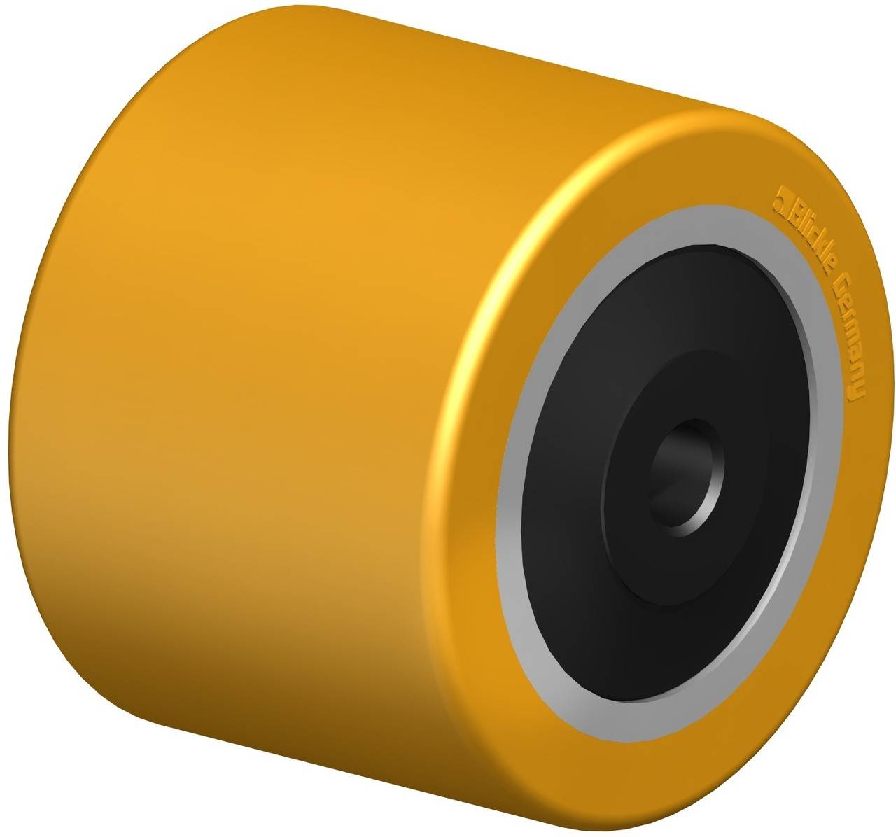 Gelbes Rad mit schwarzer Nabenöffnung, möglicherweise für Skateboards oder Inline-Skates, auf weißem Hintergrund.