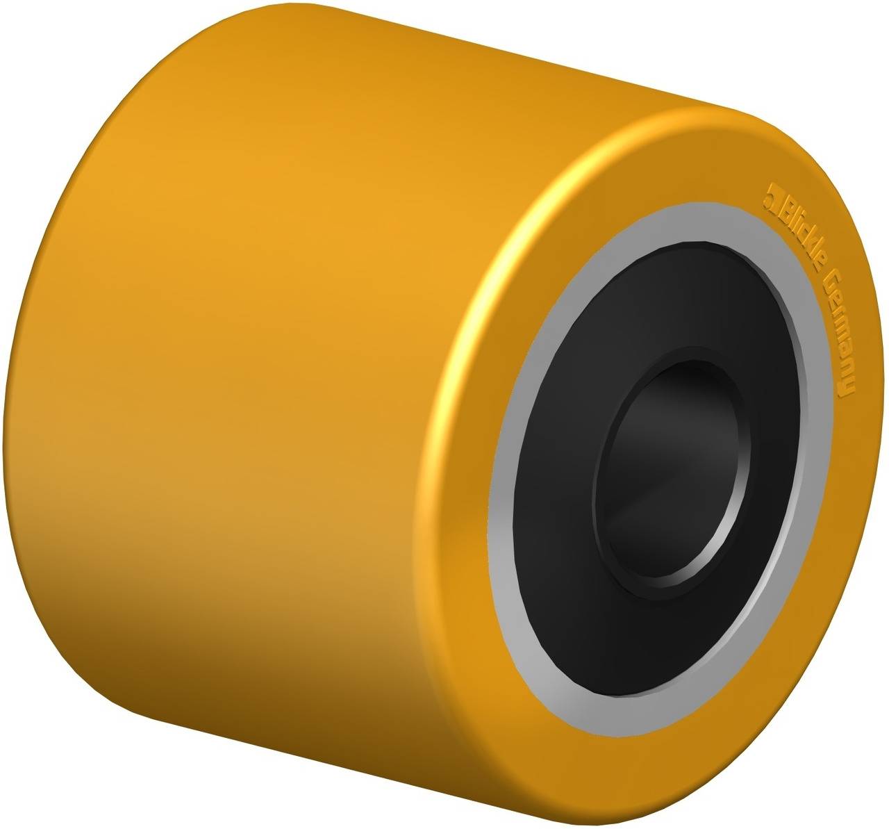 Gelbes Skaterrollenrad aus robustem Material, mit schwarzem Innenkern und silberner Metallkante, für reibungsloses Gleiten.