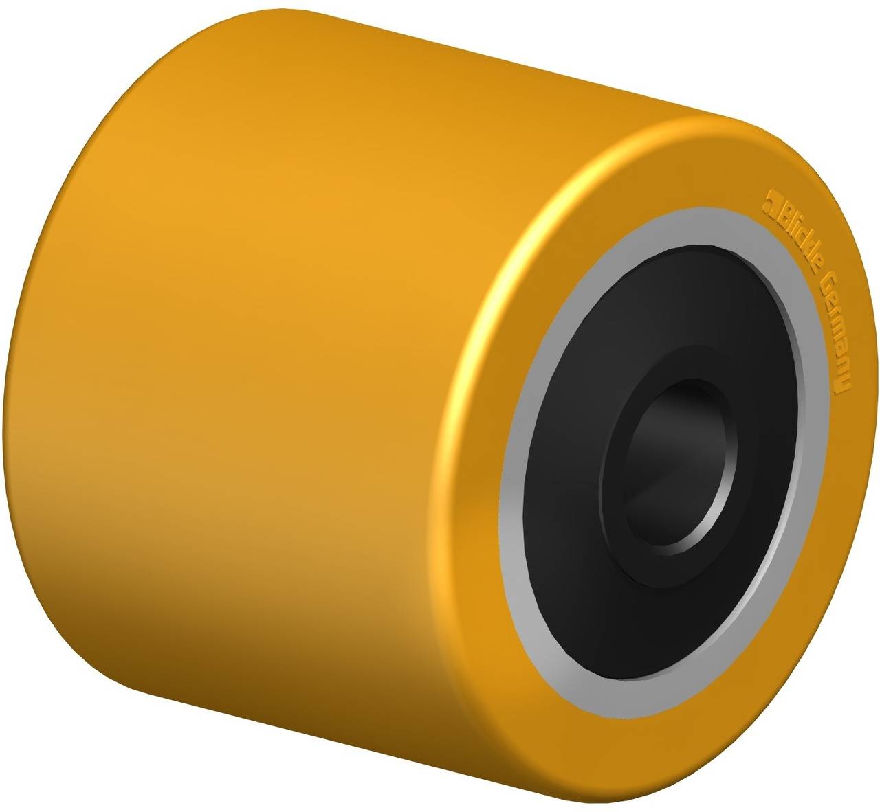 Ein gelbes Skateboard- oder Roller-Rad mit einem schwarzen Kern und einer Metalllagerung, perspektivisch von der Seite gezeigt.