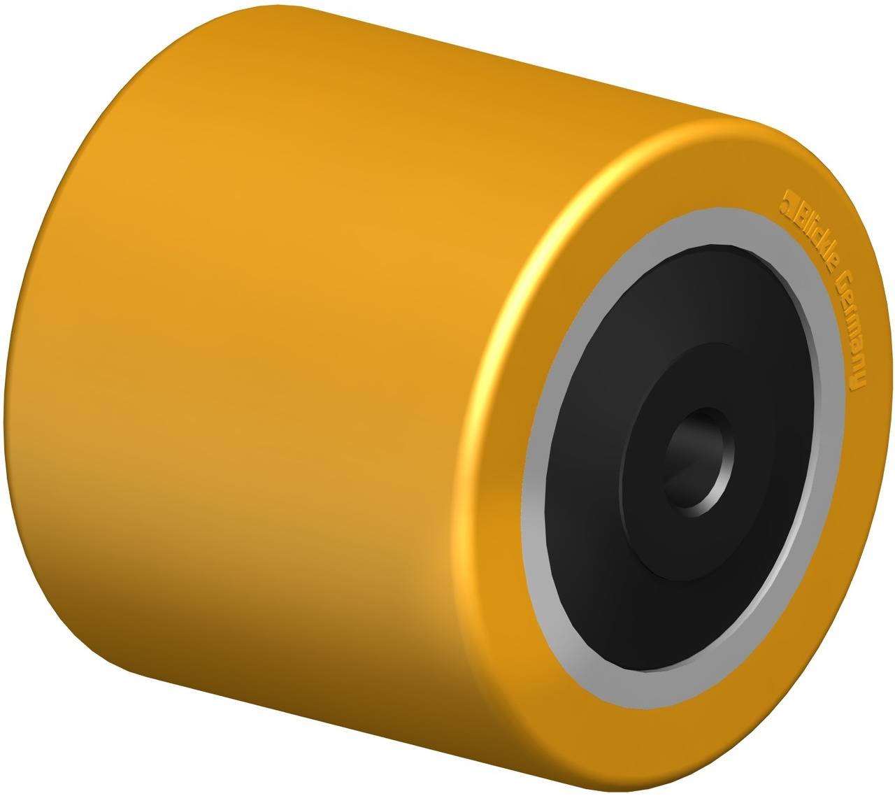 Gelbes Rollenrad mit schwarzer Achse, möglicherweise für Skateboards oder Transportgeräte.