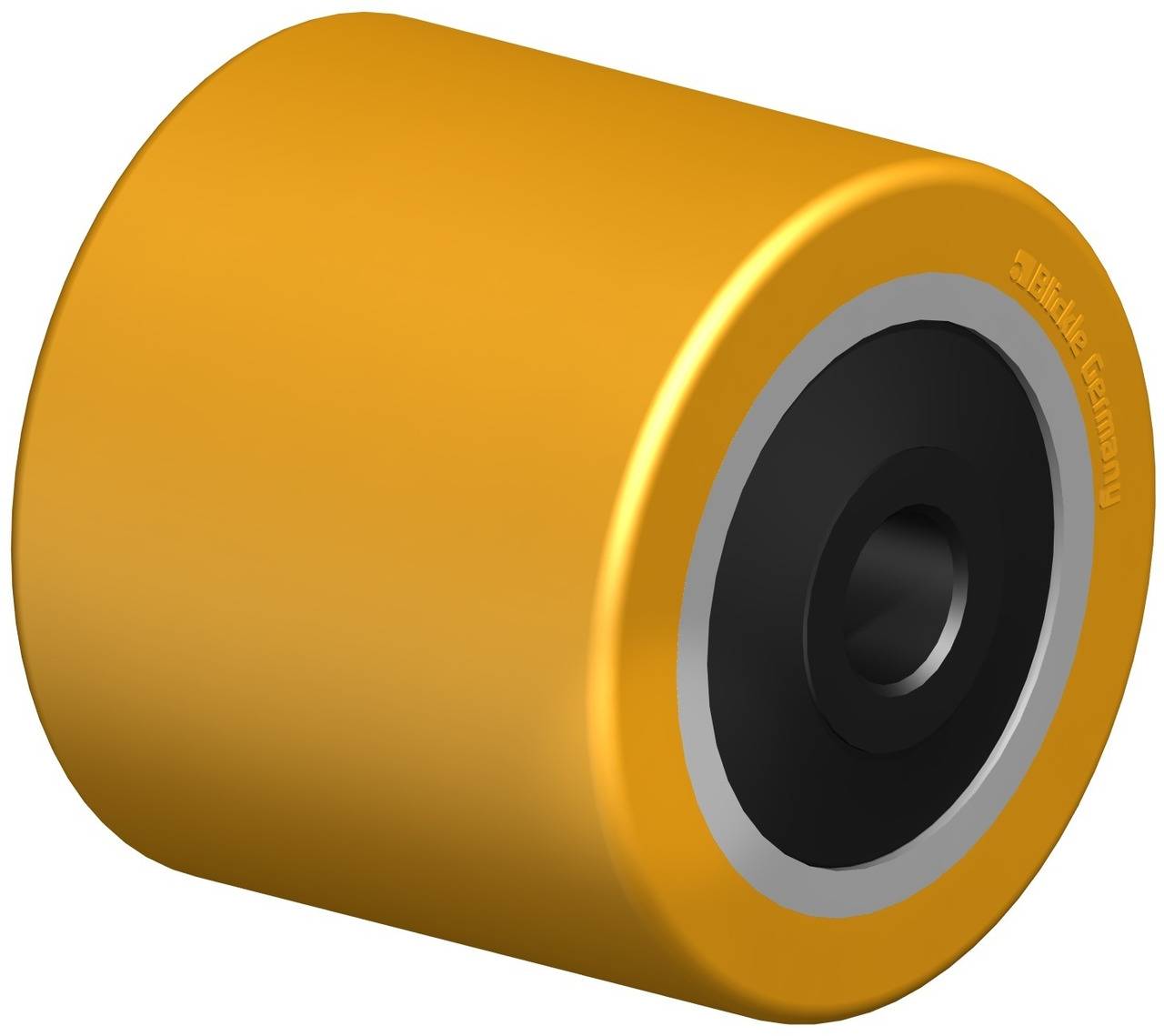 Gelbes Rad aus Kunststoff mit schwarzem Kern, verwendet für industrielle Anwendungen.