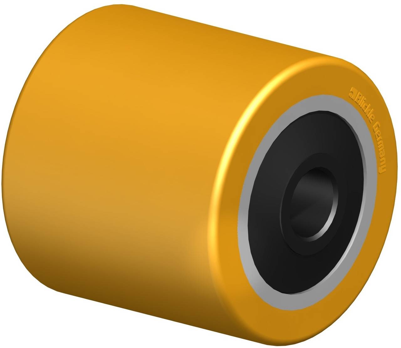 Gelbes Rollenelement mit schwarzem Kern, seitlich eine Gravur 'Blickle, Germany'. Verwendet für Transportgeräte oder Maschinen.