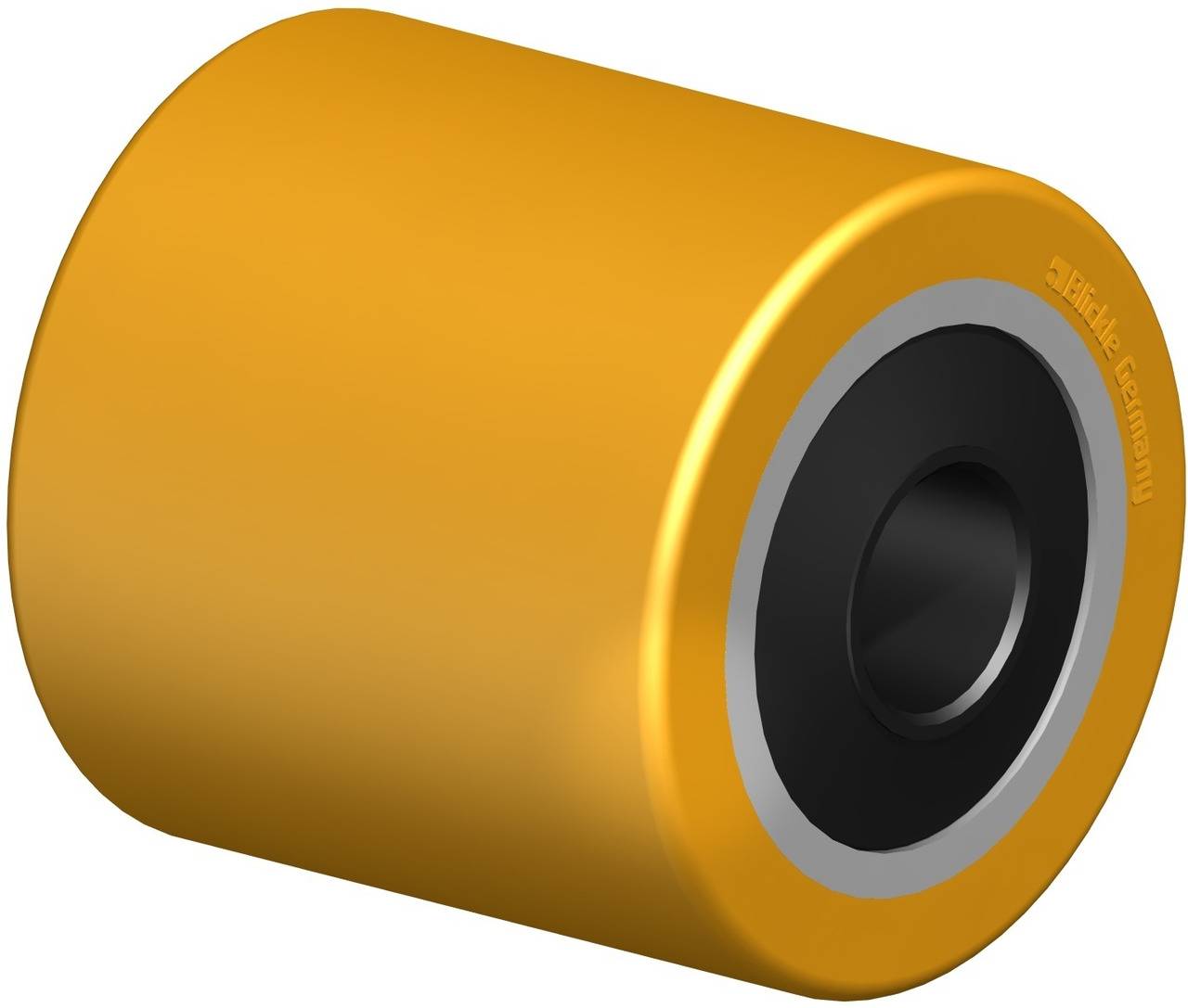 Ein gelber Rollenaufsatz mit einem schwarzen Kern, möglicherweise ein Teil eines Transportbands oder Laufrollenmechanismus.