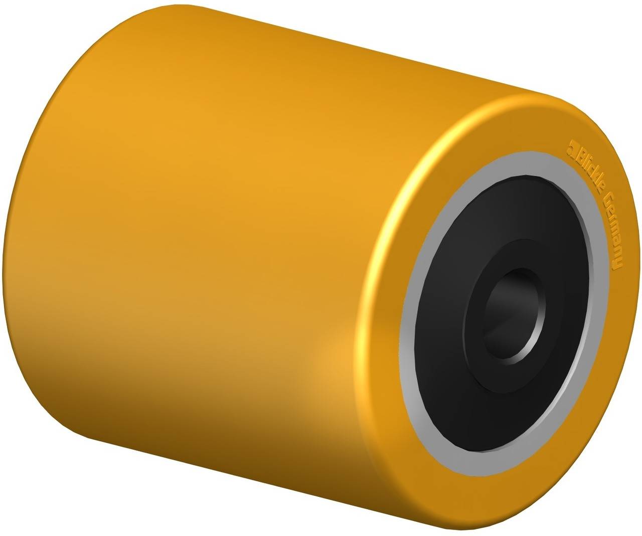 Ein gelbes, zylindrisches Rad mit schwarzer Mitte, möglicherweise Teil eines Maschinenbauteils oder Rollenmechanismus.