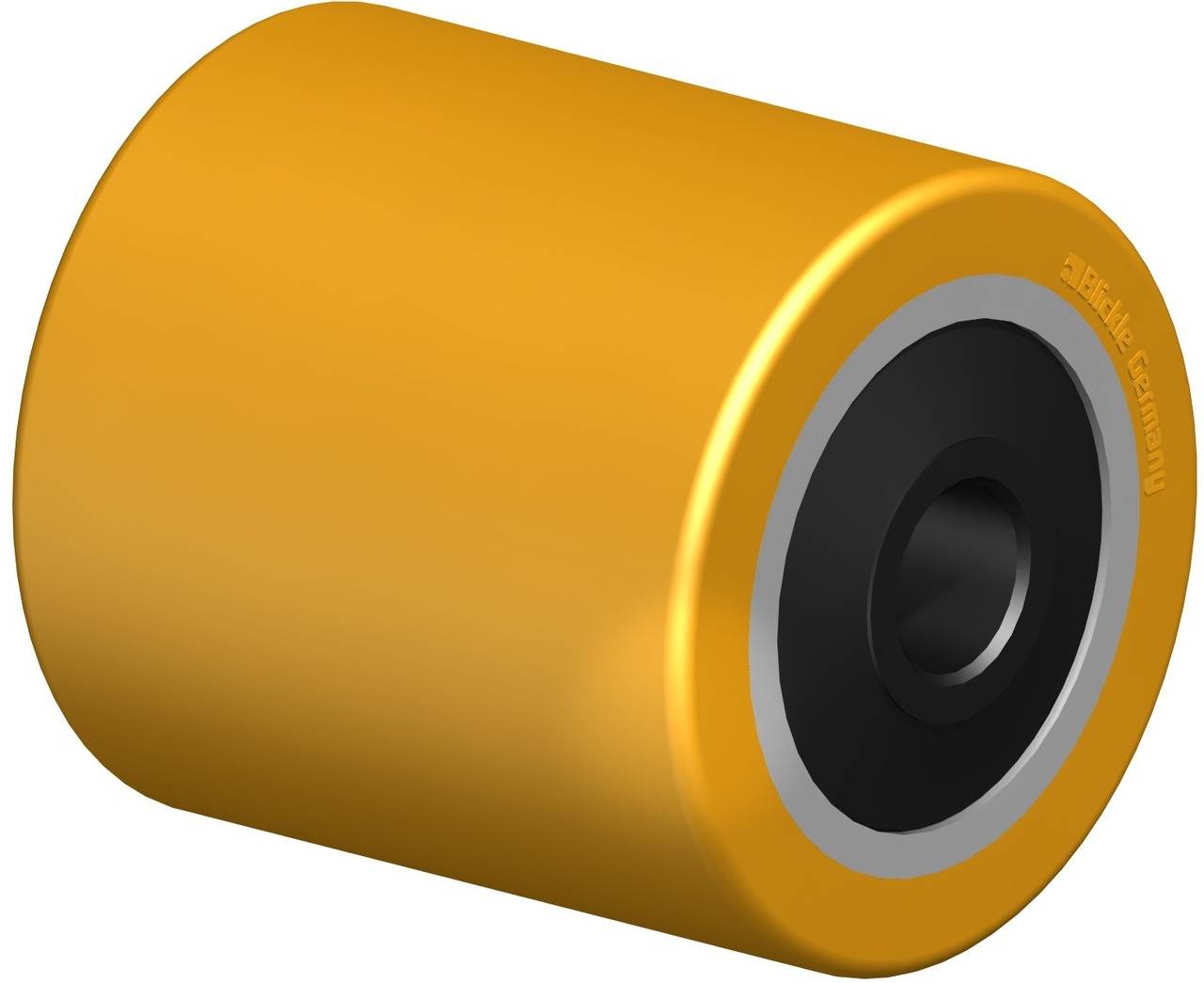 Gelbes, zylindrisches Rad aus Polyurethan mit schwarzem Innenkern. Verwendet für Transportmittel oder Förderanlagen.