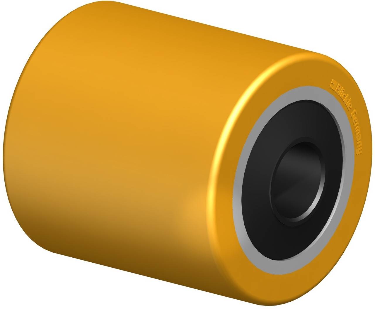 Ein orange-goldenes Rad mit einem schwarzen Innenkern, möglicherweise ein Industrieteil oder Maschinenkomponente.
