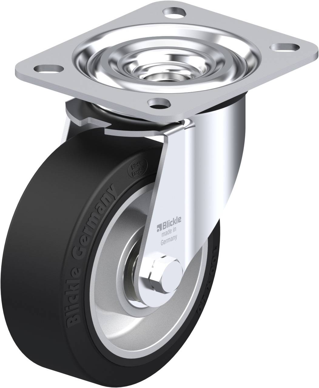 Ein glänzendes Metall-Rollenrad mit schwarzem Gummi, montiert auf einer quadratischen Platte mit Schraubenlöchern zur Befestigung.