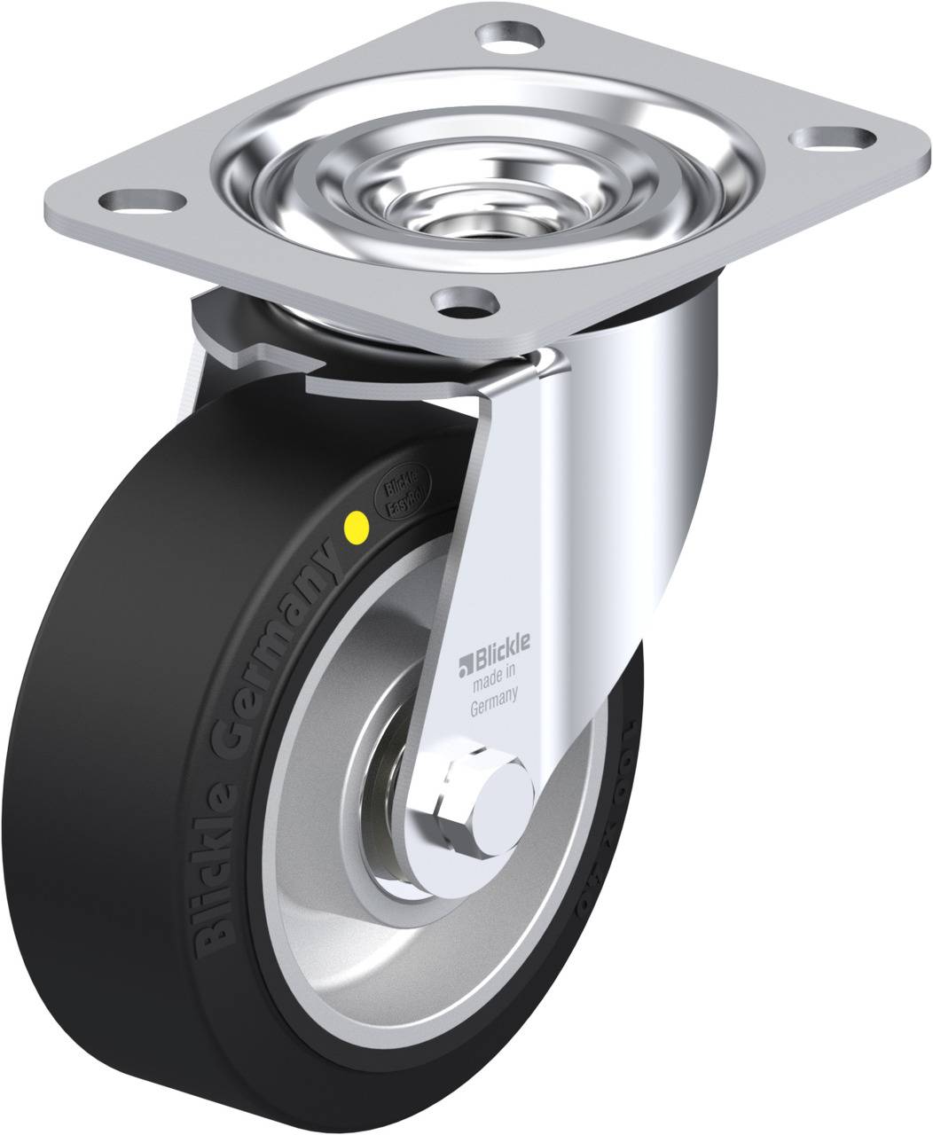 Industrie-Lenkrolle mit schwarzem Rad und silbernem Gehäuse aus Metall, geeignet für den Einbau an Möbel oder Geräte.