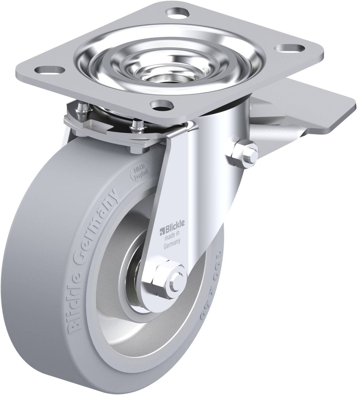 Lenkrolle aus Metall und Kunststoff, mit grauem Rad und Befestigungsplatte. Geeignet für Möbel oder Transportwagen.