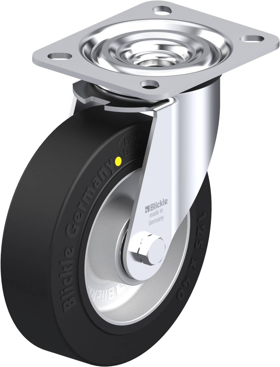 Rolle mit schwarzem Rad und Metallhalterung. Oben eine rechteckige Montageplatte. Geeignet für Möbel oder industrielle Anwendungen.