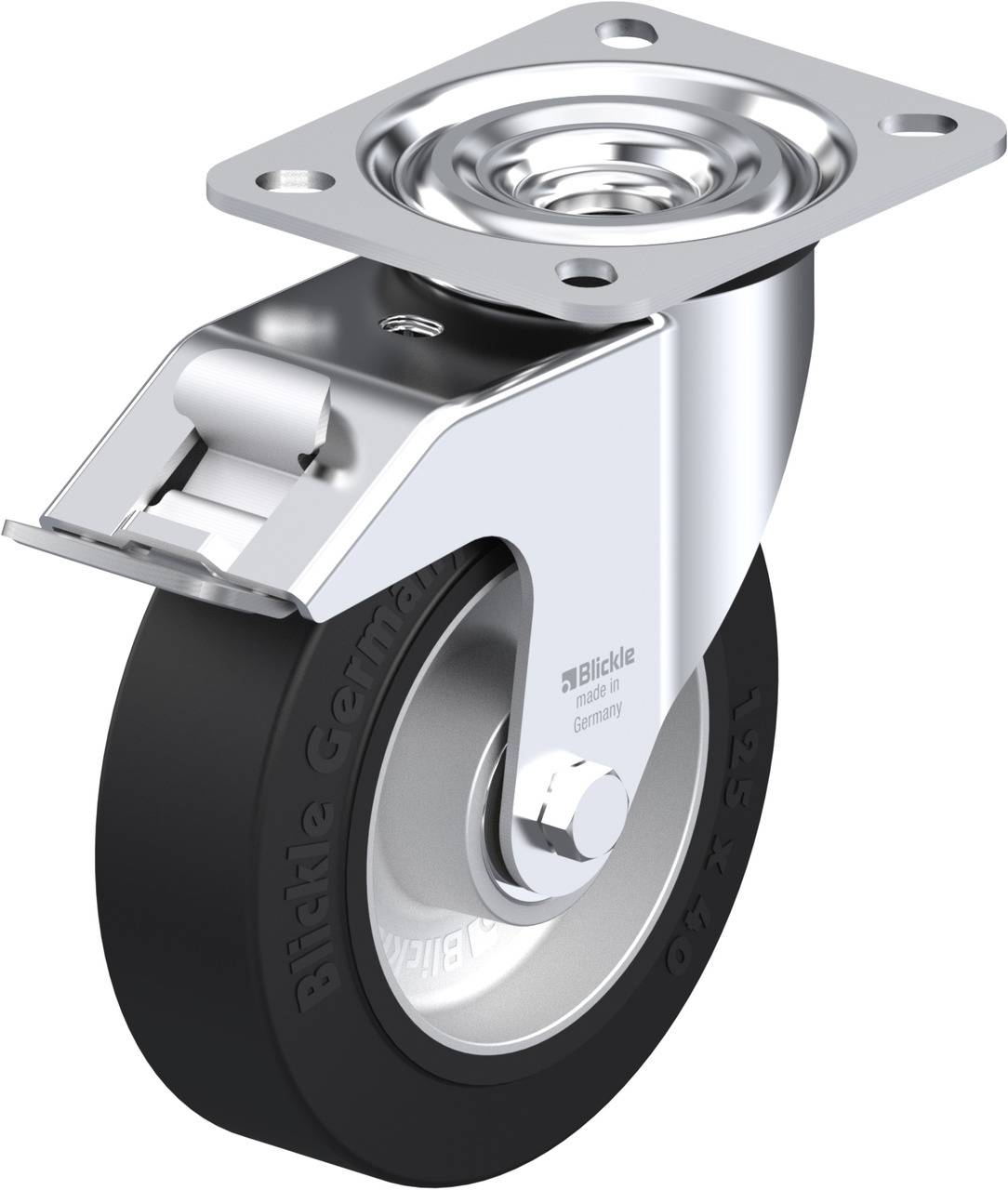 Schwenkrolle mit grauem Rad, schwarzer Lauffläche und Metallhalterung. Geeignet für Möbel oder Industrieanwendungen.