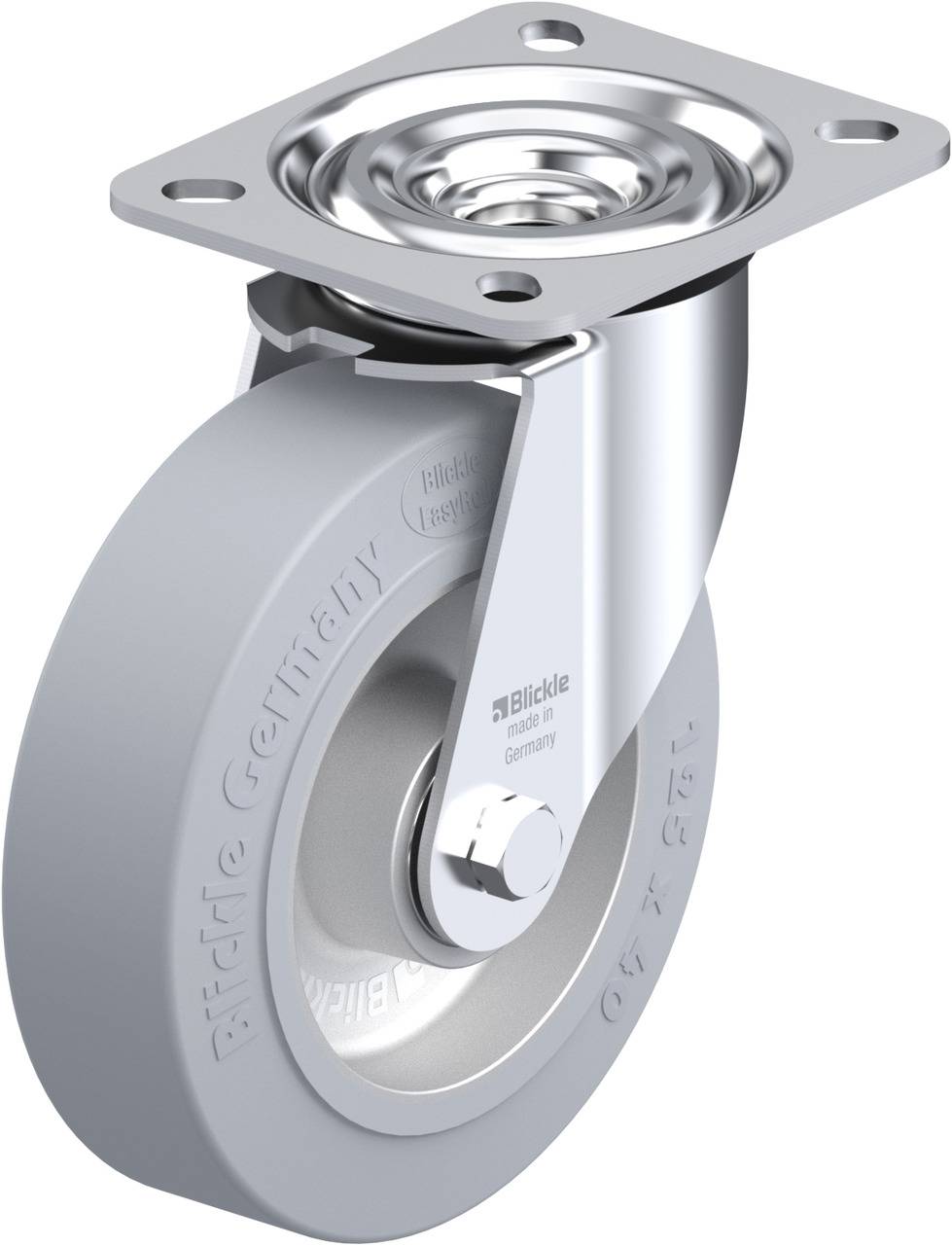 Drehbares, graues Laufrollenrad mit Metallhalterung und Plattenbefestigung. Hergestellt von Blickle Germany.