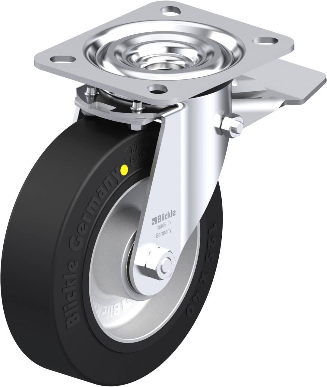 Schwenkrolle mit schwarzem Rad und silbernem Metallgehäuse, geeignet für Möbel oder Transportwagen.