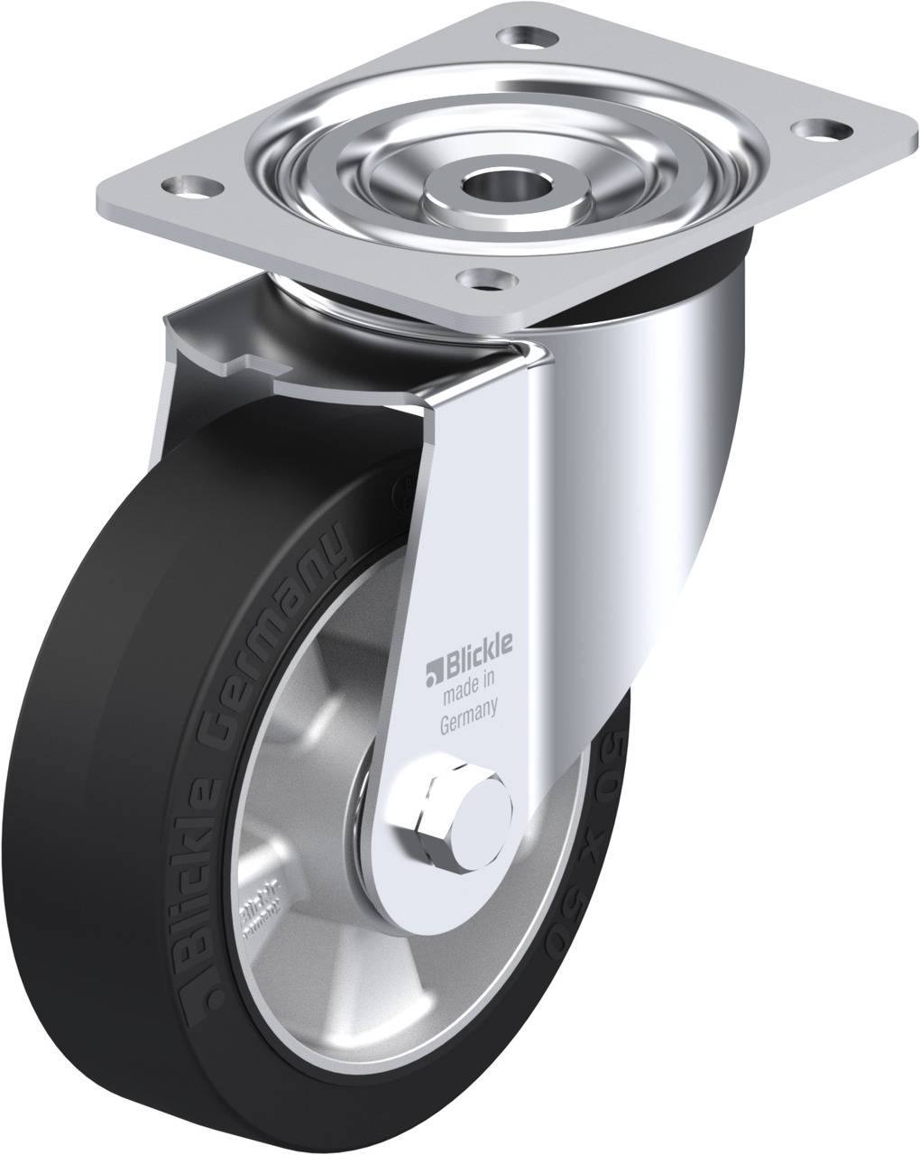 Schwenkrolle mit Metallhalterung und schwarzem Rad. Ideal für industrielle Anwendungen, gewährleistet Stabilität und Flexibilität.