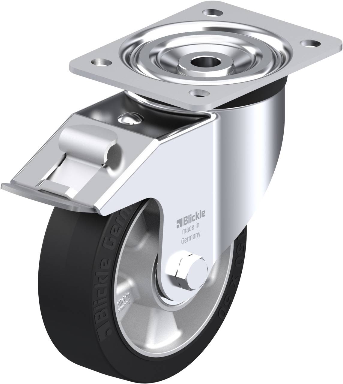 Lenkrolle aus Metall mit schwarzem Rad, Befestigungsplatte oben. Designt für flexible Bewegung und Stabilität von Möbeln oder Geräten.