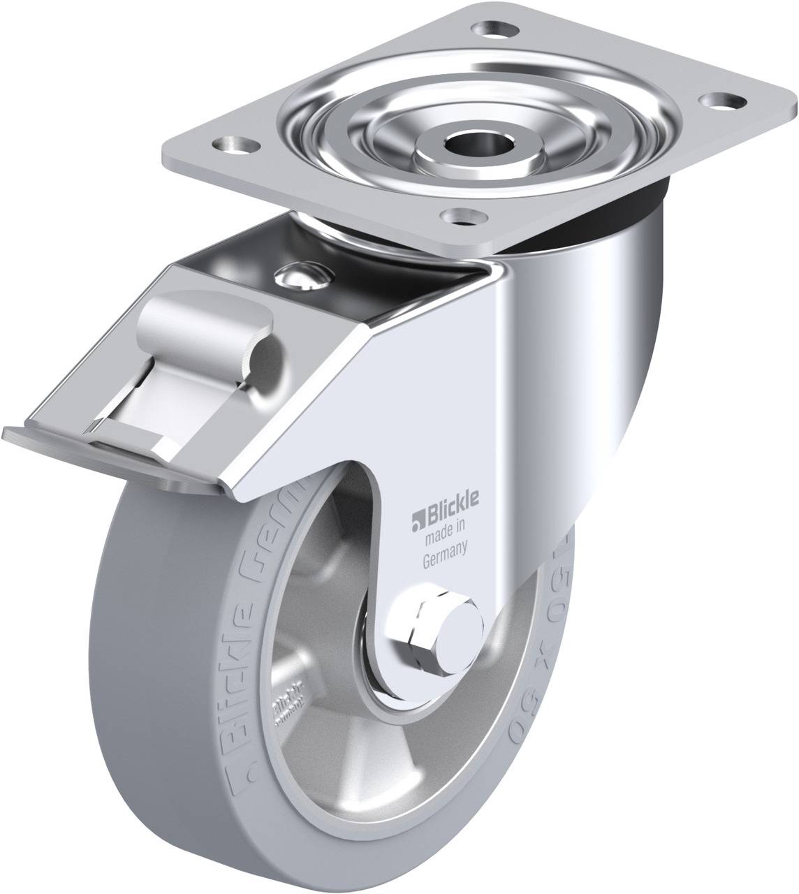 Eine silberne drehbare Lenkrolle aus Metall mit grauem Rad und rechteckiger Befestigungsplatte, geeignet für industrielle Anwendungen.