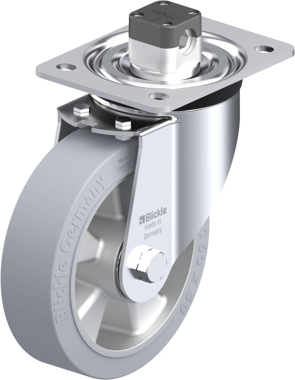 Schwenkrolle aus Metall mit Bremse, glänzende Oberfläche. Oberer Teil quadratisch, Gehäuse für industrielle Anwendungen geeignet.