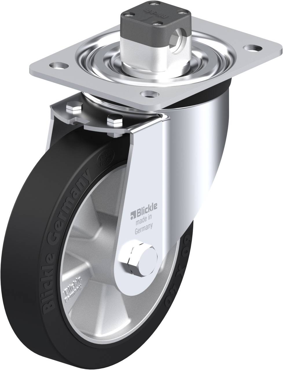 Das Bild zeigt eine robuste Lenkrolle mit einem schwarzen Rad und metallischem Gehäuse, beschriftet mit 'Blickle made in Germany'.