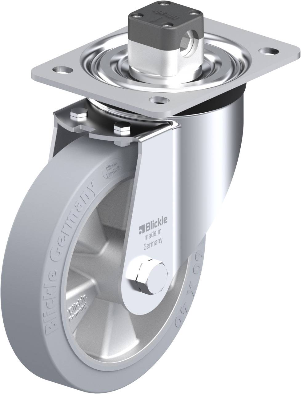 Drehbares Laufrollenrad aus Metall und Gummi mit Befestigungsplatte und Stoppmechanismus, geeignet für Industrie- und Transportgeräte.