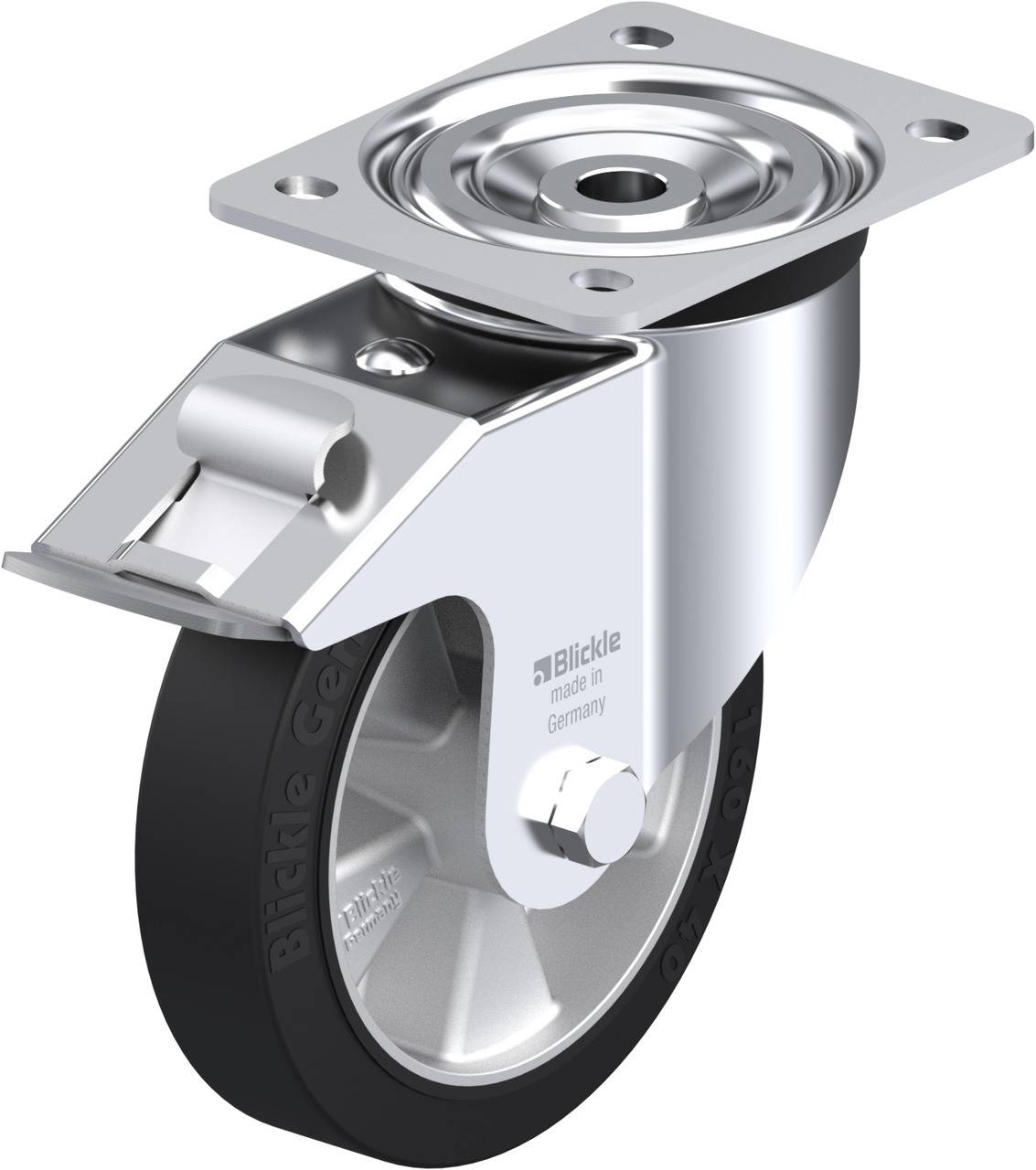 Schwenkrolle aus Metall mit schwarzem Rad, Seitenschild mit Aufschrift 'Blickle, made in Germany', geeignet für Transportgeräte.
