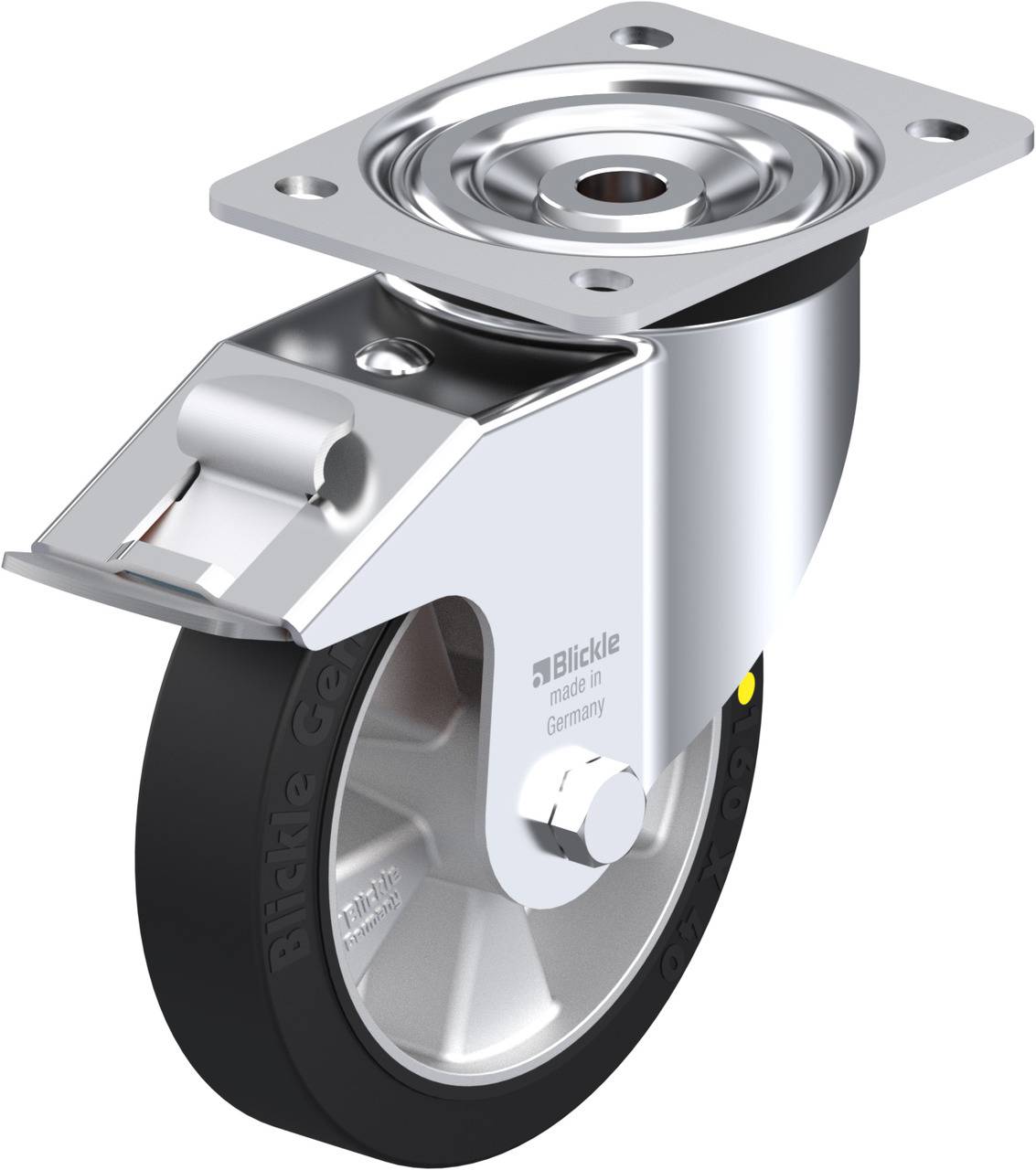 Metallisch glänzendes Lenkrollelement mit schwarzem Rad und rechteckiger Montageplatte. Geeignet für Möbel oder Transportgeräte.