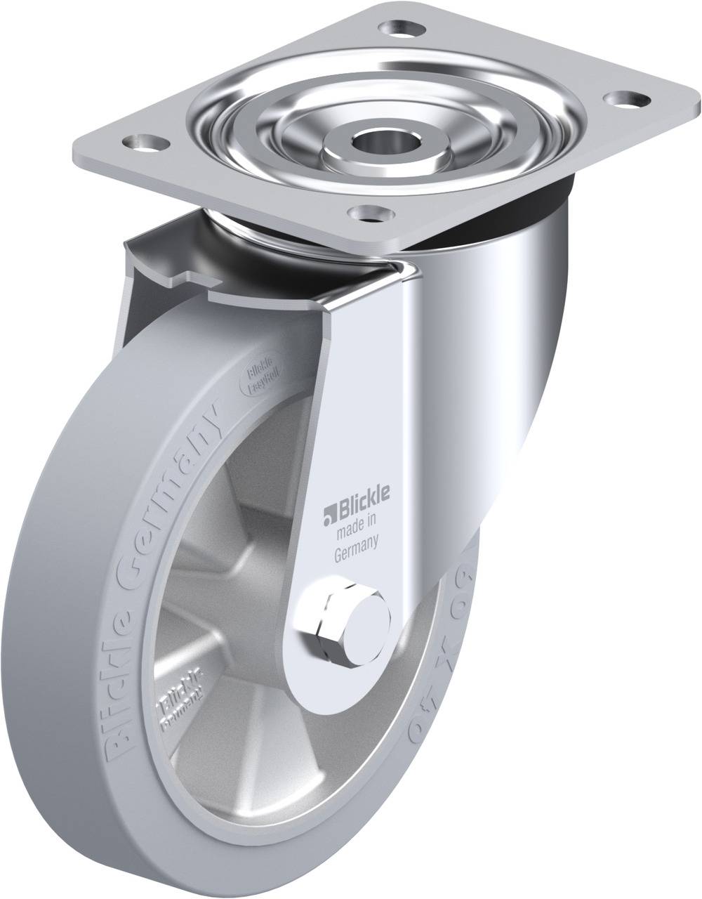 Schwenkrolle aus Metall mit grauem Rad und Befestigungsplatte. Aufschrift 'Blickle Germany'. Entworfen für industrielle Anwendungen.