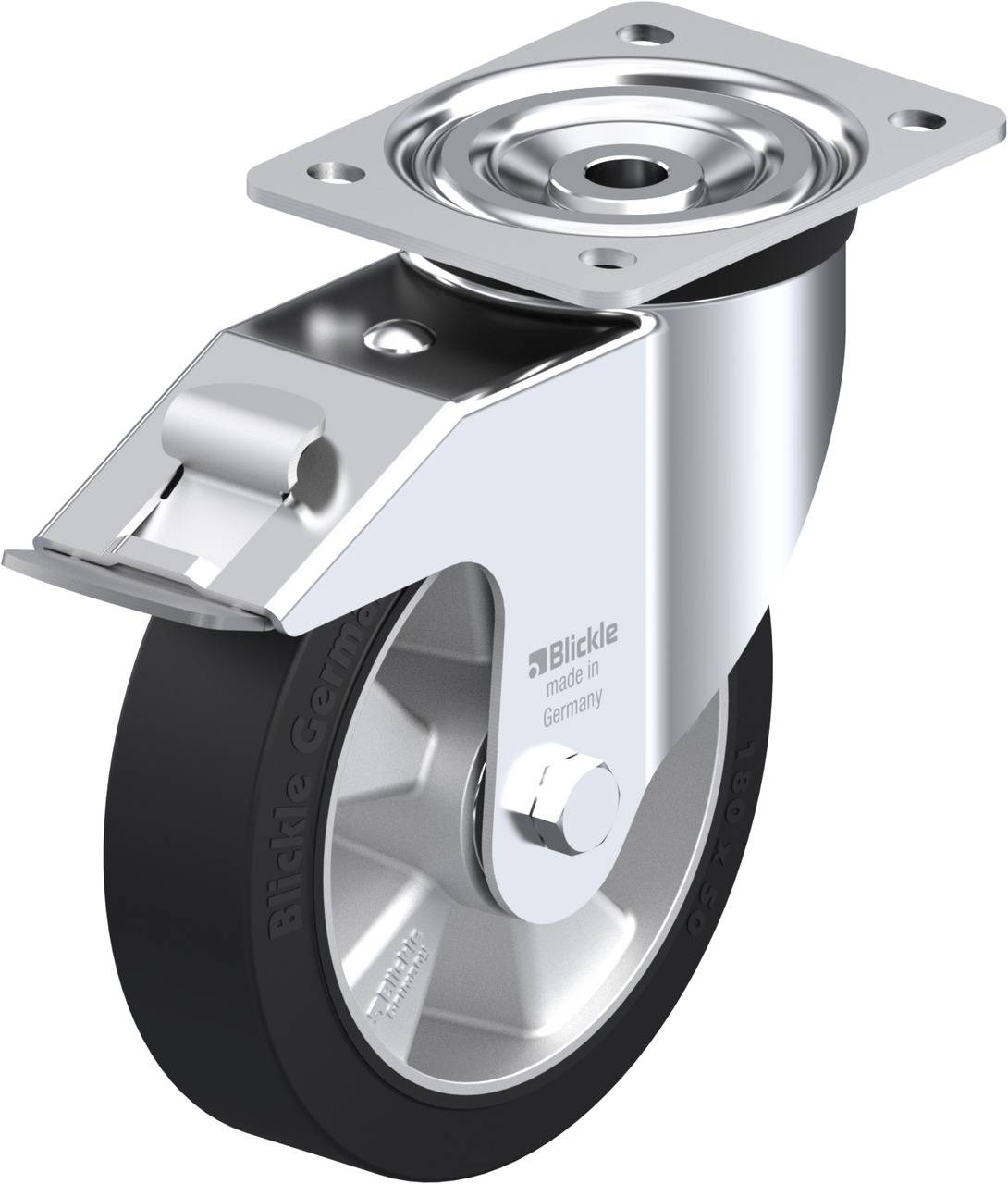 Drehbares Bockrad mit Metallhalterung, schwarzer Gummireifen und silberner Felge, geeignet für industrielle Anwendungen.