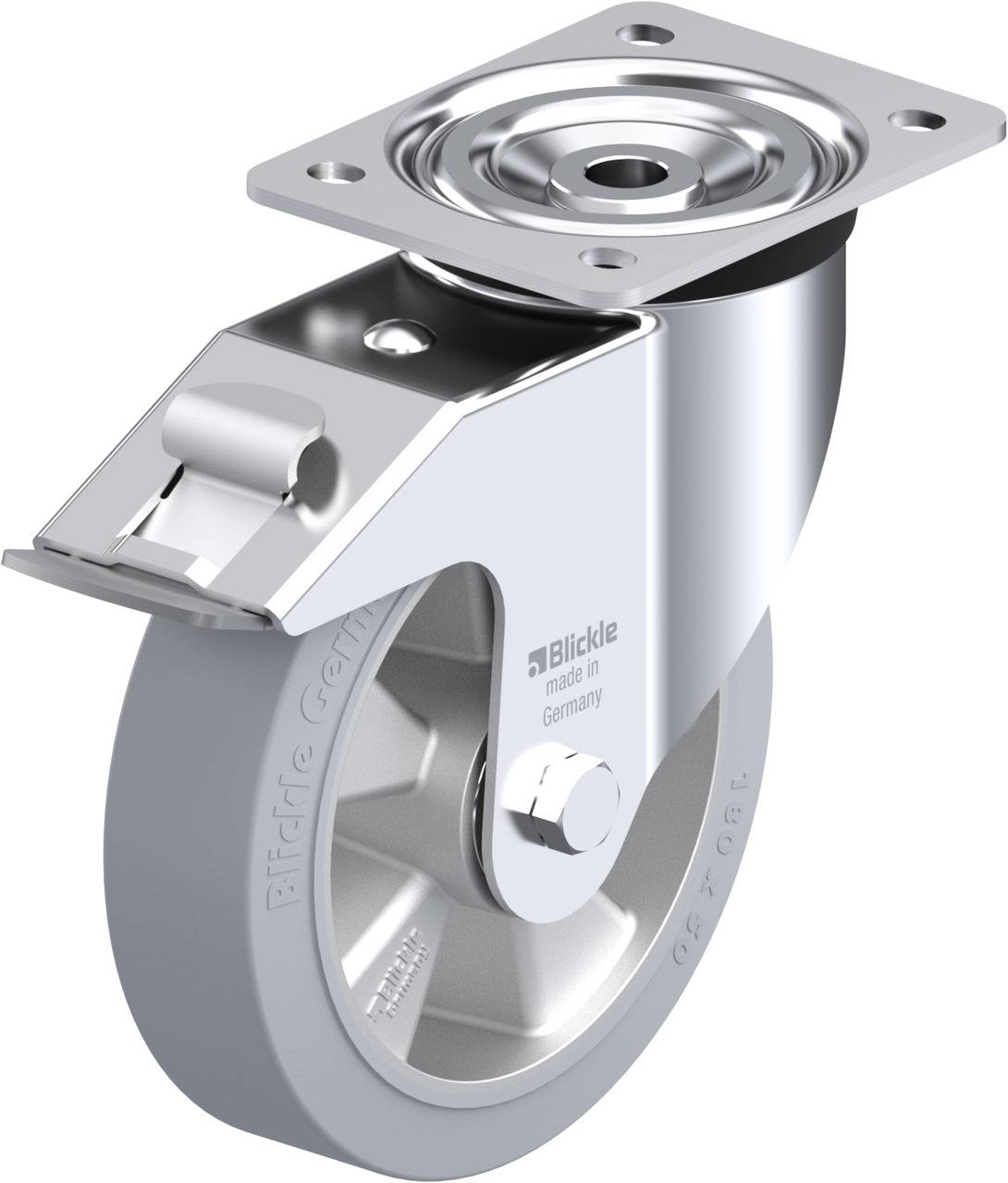 Drehbares Lenkrollenrad aus Metall und Kunststoff, mit Montageplatte und Kugellager, geeignet für industrielle Anwendungen.