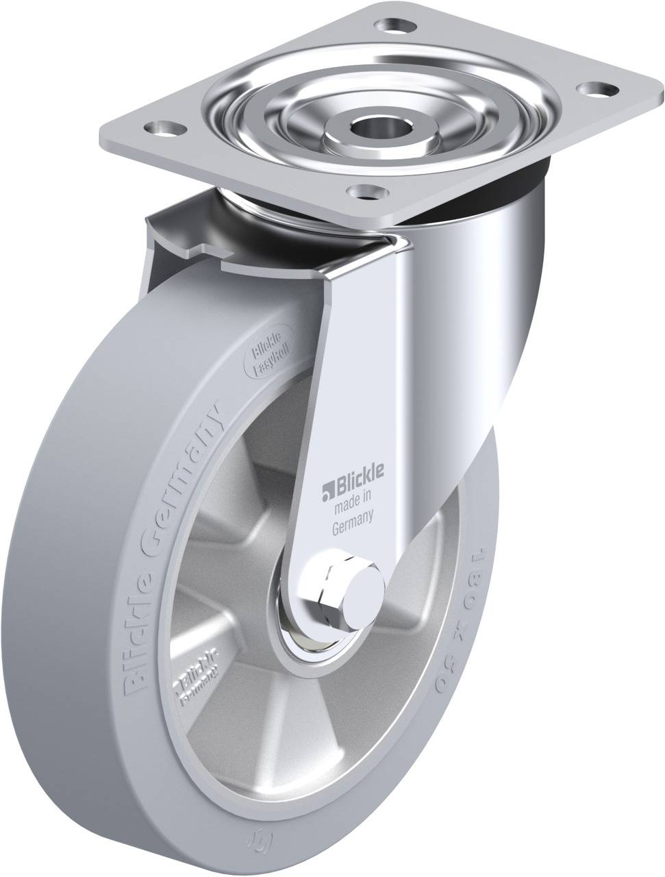 Ein drehbares Gehäuselaufrollenrad aus Metall für Möbel oder Industrie. Glatte Oberfläche mit robustem Design, in Deutschland hergestellt.