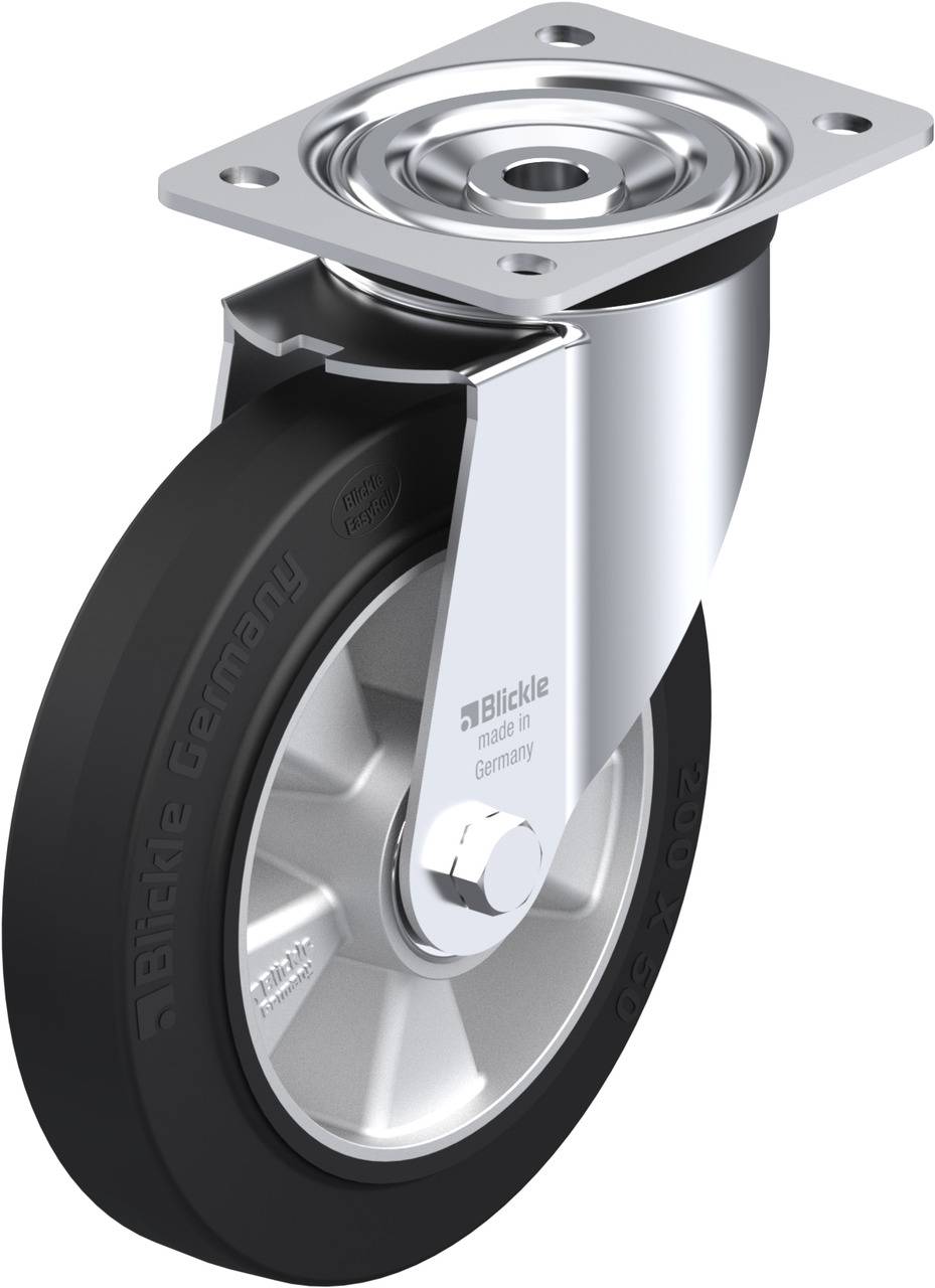 Ein einzelnes Lenkrollenrad mit Metallhalterung und schwarzem Reifen, geeignet für industrielle Anwendungen.