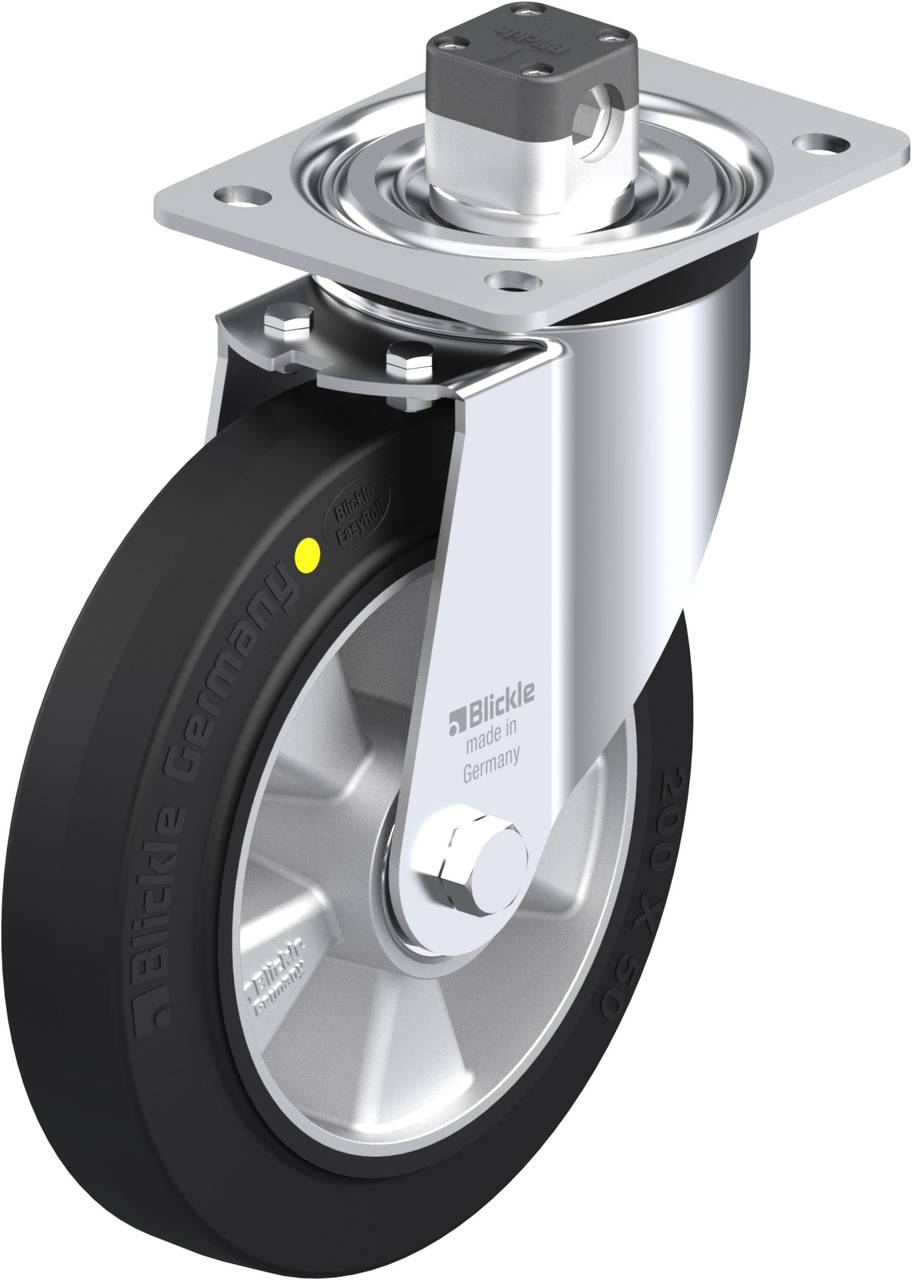 Schwenkrolle mit grauem Rad, glänzendem Metallgehäuse und rechteckiger Befestigungsplatte. Firmenlogo und 