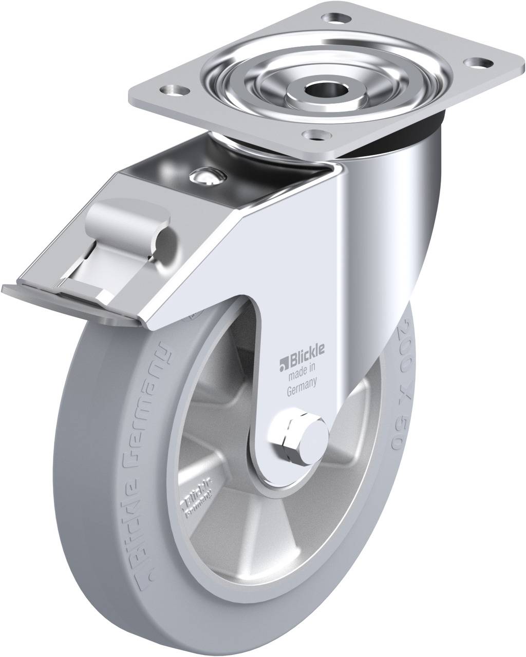 Schwenkrolle aus Metall und Kunststoff von Blickle, glänzende Metallhalterung, silberne Radplatte, strukturiertes graues Rad.