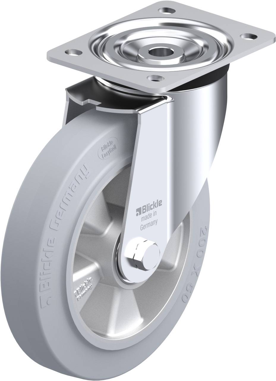 Drehbares Rad mit metallischer Halterung und grauem Gummireifen. Beschriftung: 'Blickle, made in Germany'.