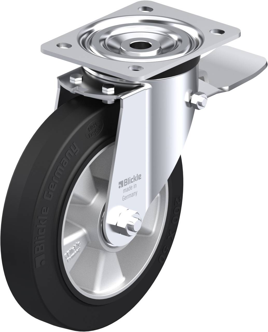 Schwenkrolle mit schwarzem Rad und Metallgehäuse, geeignet für industrielle Anwendungen. Markenname und Modellnummer sichtbar.