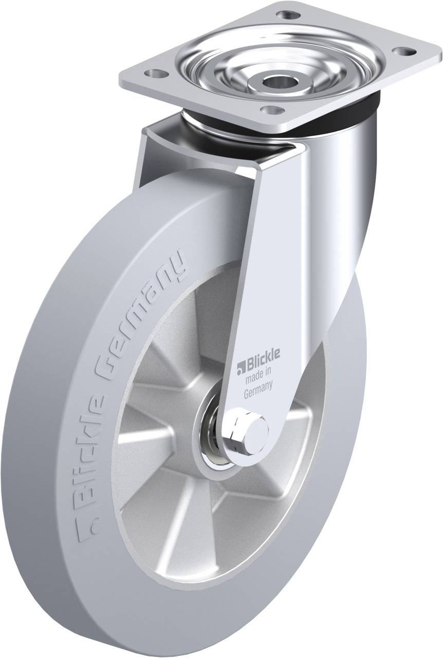 Drehbares Rad mit grauem Gummi, montiert auf einer Metallplatte. Text auf dem Rad: 'Blickle Germany'.