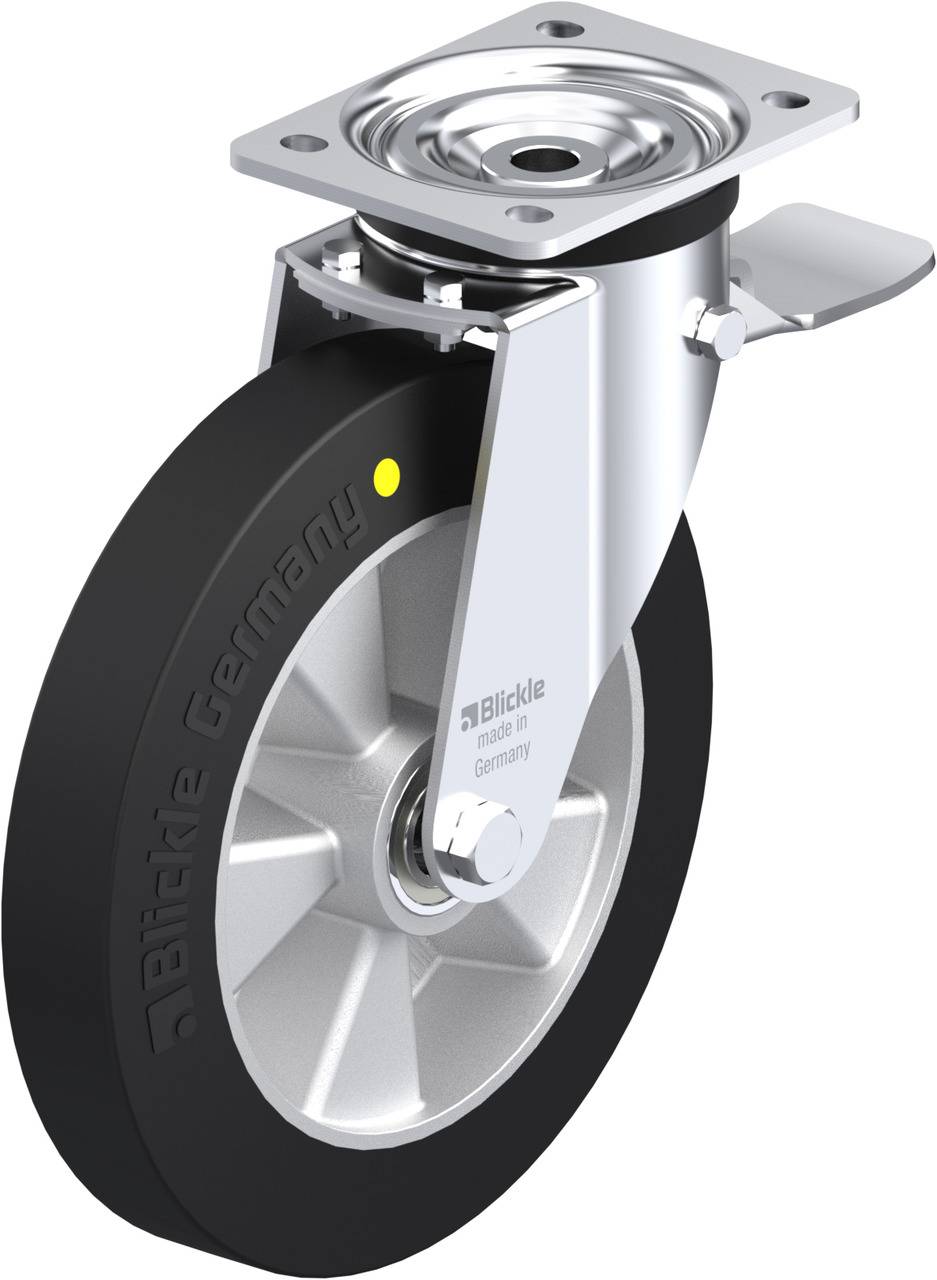 Industrie-Schwenkrolle mit schwarzem Rad, silbernem Metallgehäuse und gelbem Punkt, geeignet für robuste Anwendungen.